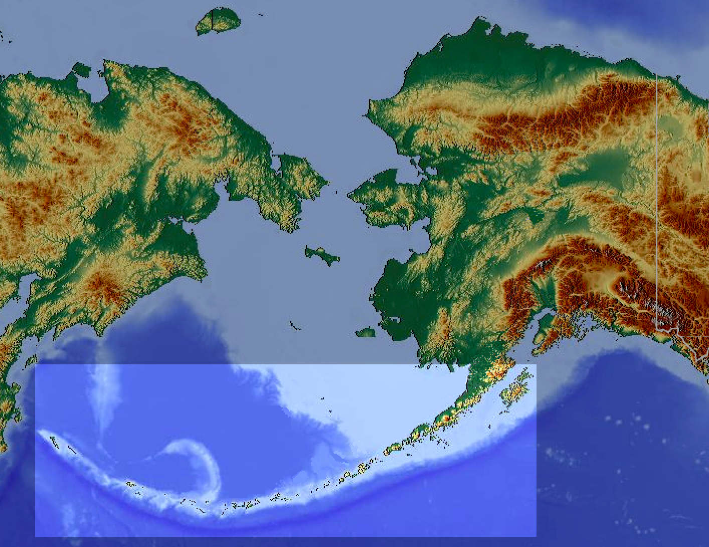 The Aleutian Islands, also called the Aleut Islands, Aleutic Islands, or, before 1867, the Catherine Archipelago—are a chain of 14 main, larger volcanic islands and 55 smaller ones. Most of the Aleutian Islands belong to the U.S. state of Alaska, with the archipelago encompassing the Aleutians West Census Area and the Aleutians East Borough. The Commander Islands, located further to the west, belong to the Russian federal subject of Kamchatka Krai, of the Russian Far East. The islands form part of the Aleutian Arc of the Northern Pacific Ocean, and occupy a land area of 6,821 sq mi (17,666 km2) that extends westward roughly 1,200 mi (1,900 km) from the Alaskan Peninsula mainland, in the direction of the Kamchatka Peninsula; the archipelago acts as a border between the Bering Sea to the north and the Pacific Ocean to the south. Crossing longitude 180°, at which point east and west longitude end, the archipelago contains both the westernmost and easternmost parts of the United States, by longitude (Amatignak Island and Semisopochnoi Island, respectively). The westernmost U.S. island, in real terms, however, is Attu Island, west of which runs the International Date Line.