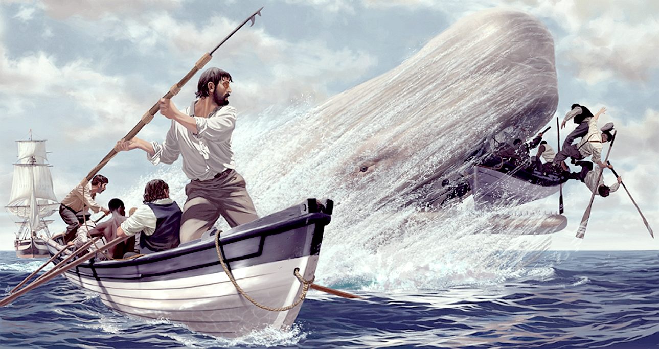 Captain Ahab gives chase to Moby Dick in a rowing boat with a harpoon