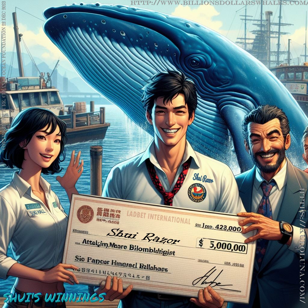 Shui Razor cashes in his winning ticket at Ladbet International. Suki Hall is at the presentation ceremony with an official from the company, for this PR shot. The whole world cheer the Japanese rescuer for his bravery, having lost two ships to Kulo-Luna. He still dived into dangerous netting to save Kuna, the baby humpback whale. He hopes that Kulo-Luna will not sink any more of his vessels. And he has a new respect for humpback whales. John Storm is both amazed and pleased to find Shui had been betting on Kulo-Luna to win.