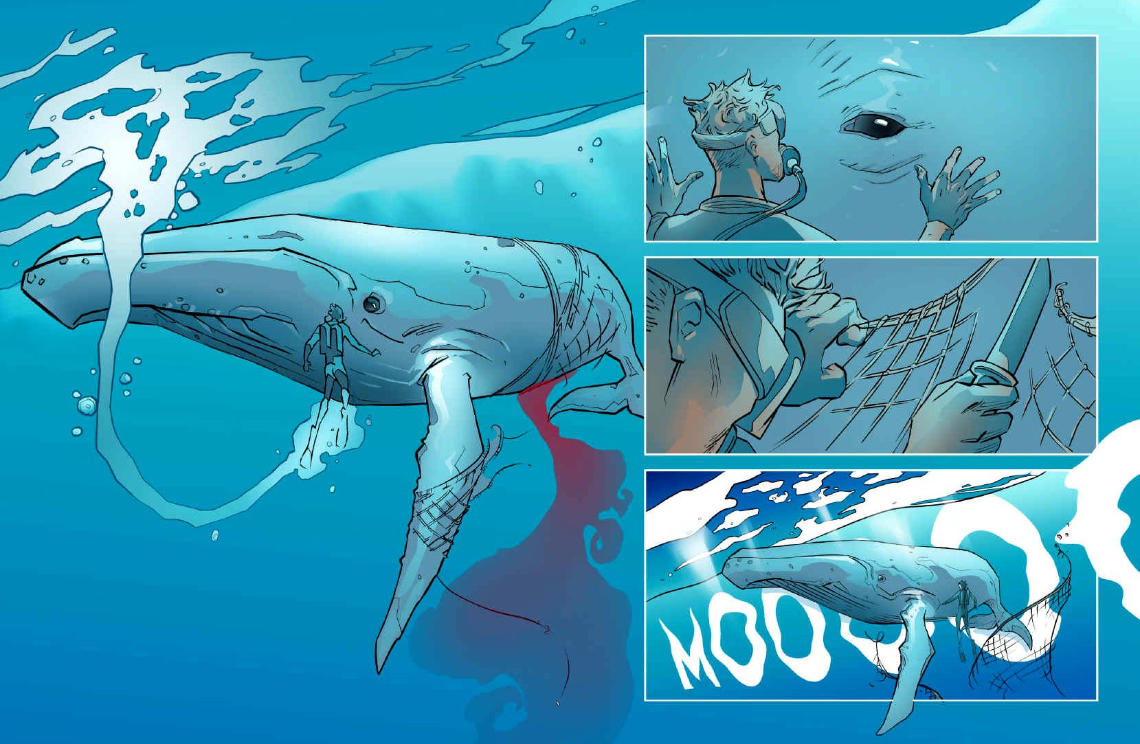 John Storm dives in to rescue Kulo Luna, and cut the giant whale free of fishing nets
